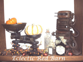 vintage scal and wooden pulleys with potion bottles