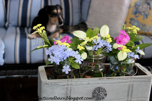 Painted sewing drawer wiht mason jars and flowers
