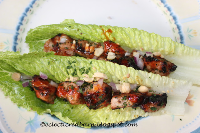 Eclectic Red Barn: Make a marinade for the pork; grill and then add roasted peanuts, cilantro, cucumbers and scallions.Wrap in lettuce leaves.