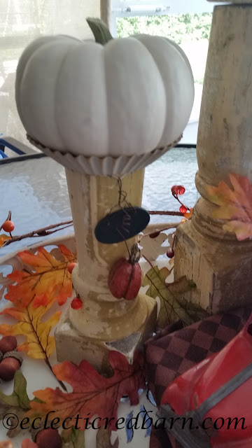Pumpkins, Spindles, and Vintage Truck Share NOW. #falldecor. #fallvignette #pumpkins #vinatge #eclecticredbarn