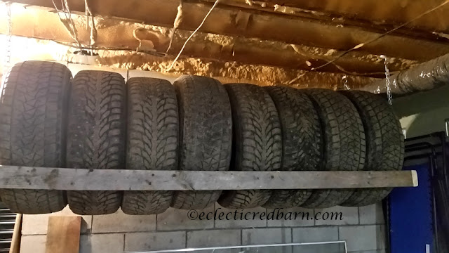 DIY Hanging Tire Rack. Share NOW DIY, garage project, #diy #eclecticredbarn #handmade