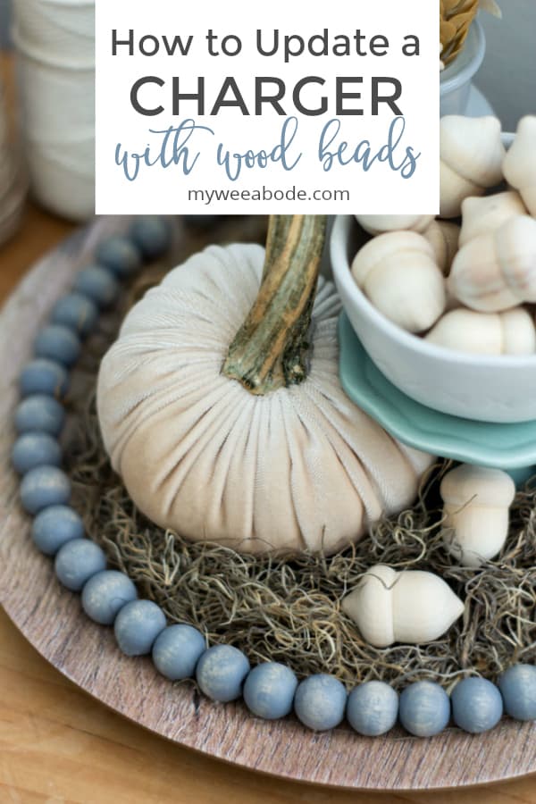 Happiness Is Homemade. Share NOW. #wwbh #happinessishomem #eclecticredbarn #wwbloghop charger with wood beads and velvet pumpkin moss and wood acorns