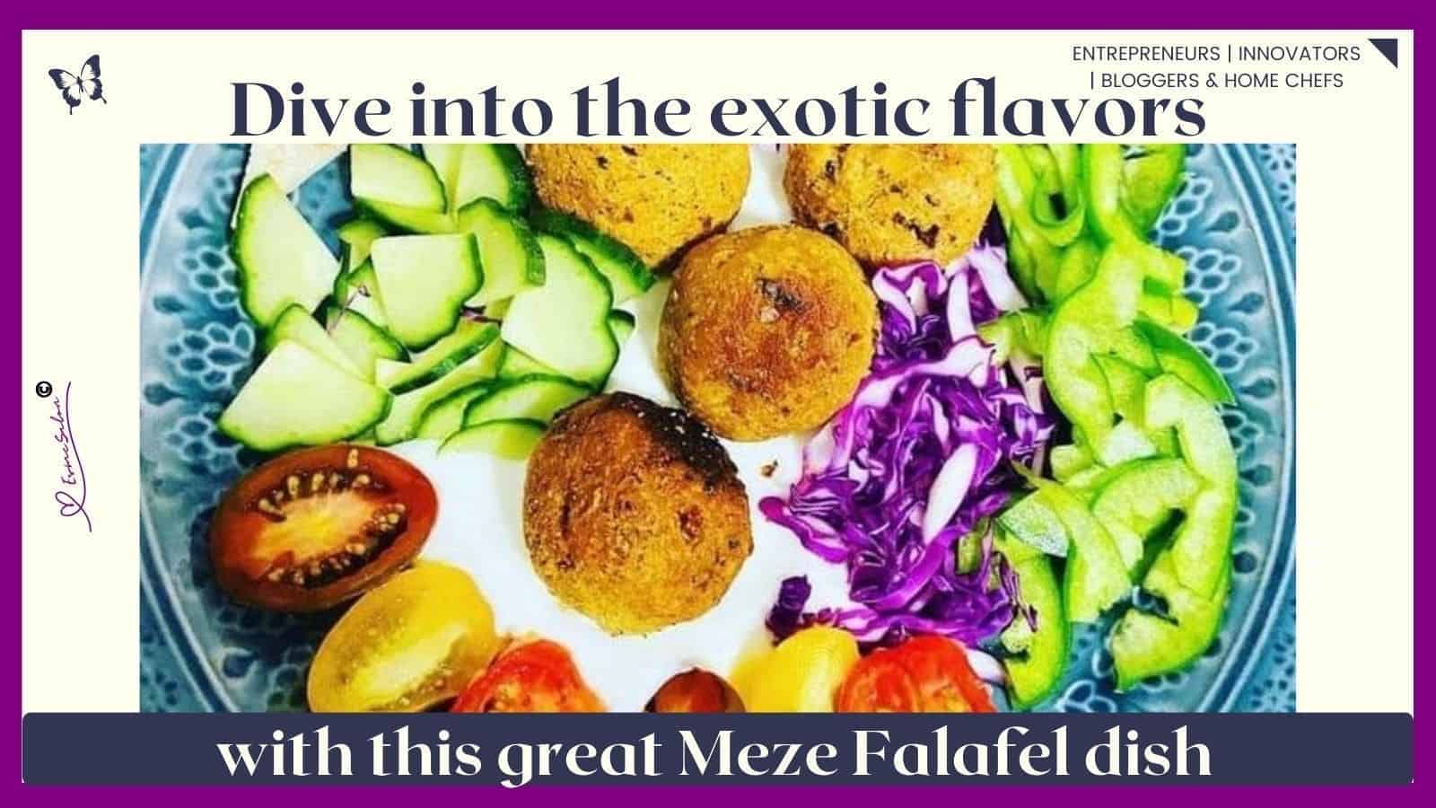 An image of a plate with Falafels Balls served with fresh cucumber, tomato, onion, green pepper and red cabbage